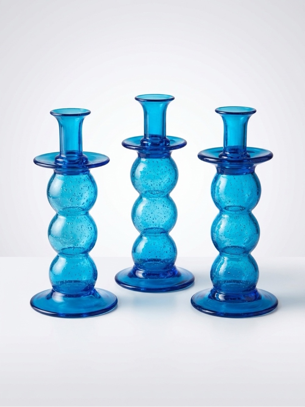 Vintage Blue Glass Bubble Candlestick Holder - Set of 3